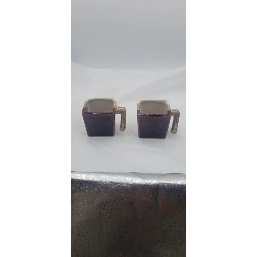 Pier 1 Imports Square Mugs Set of 2 Tri Color Glazed Stoneware Brown Tan